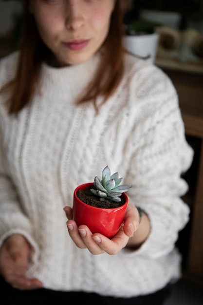 A close-up shot of a plantfluencer's hands carefully repotting a succulent into a stylish ceramic pot. The background is blurred, emphasizing the plant and the hands, conveying a sense of care and attention to detail. The image shows the practical skills and artistic presentation involved in plantfluencer content creation.