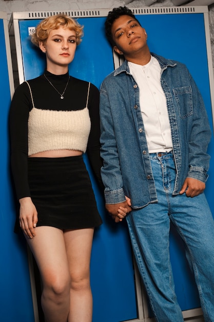 A split image showcasing 90s fashion trends such as high-waisted jeans, crop tops, and chokers on one side, and modern interpretations of these trends on the other side, highlighting their contemporary appeal.