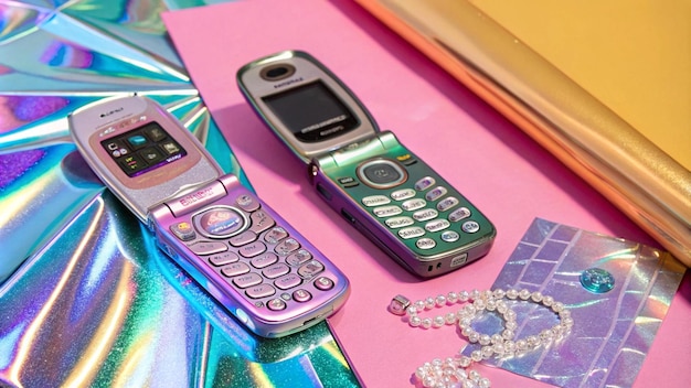A side-by-side comparison of vintage 90s tech gadgets like a brick cell phone and a Tamagotchi with their modern counterparts or reimagined versions, emphasizing the blend of nostalgia and contemporary functionality.