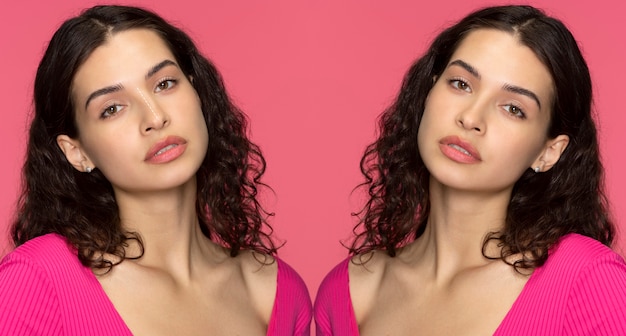 A side-by-side comparison of two images: one showing a person with flawless makeup and perfectly styled hair, and the other showing the same person without makeup and with unstyled hair, emphasizing the transformative power of beauty routines and the potential for unrealistic expectations.