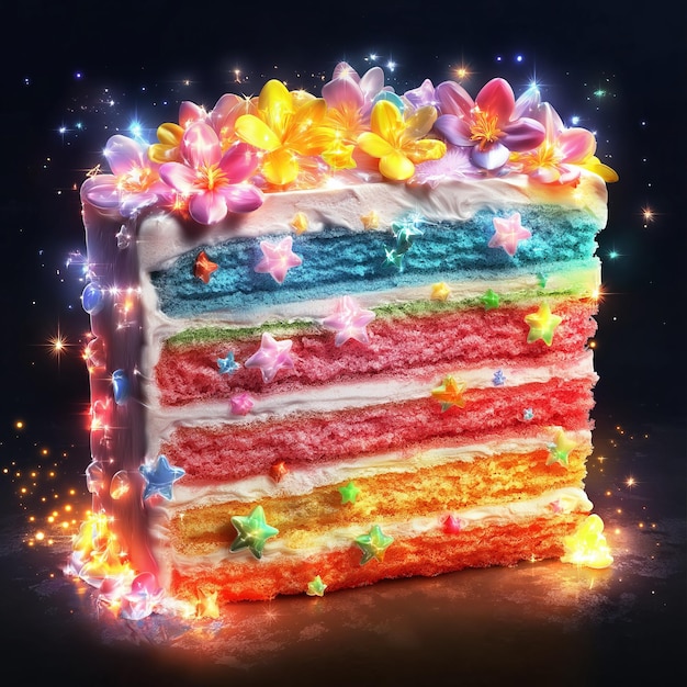 A rainbow-layered cake with each layer a different vibrant color of the rainbow. The cake is topped with edible glitter and a whimsical design.