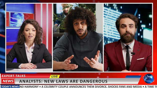 A split-screen image comparing a real news broadcast with a deepfake version of the same broadcast. The deepfake version should show a subtle distortion, indicating the manipulation.