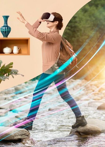 A person wearing AR glasses, looking at a virtual representation of social media feeds floating in their living room. The feeds are interactive, and the person is gesturing to control them. The lighting is soft and futuristic, highlighting the blend of real and digital worlds.