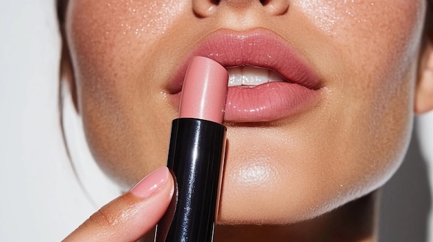 A close-up of glossy lips, showcasing a plump and hydrated pout with a high-shine finish. The lip gloss is clear or subtly tinted, highlighting the natural texture and color of the lips.