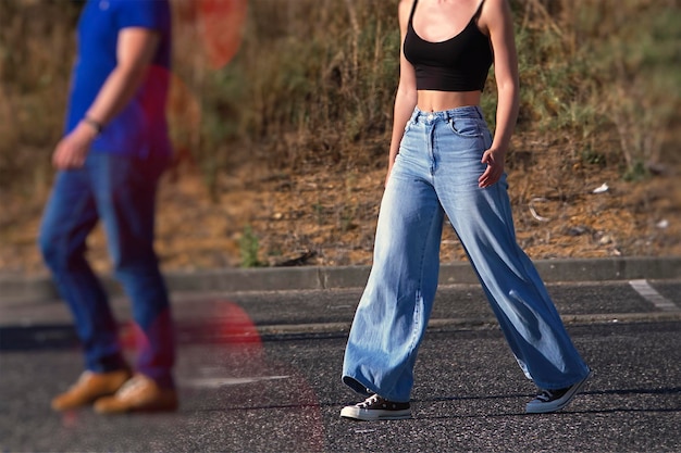 A split image showing a classic Y2K outfit (low-rise jeans, crop top, platform sandals) alongside a modern Y2K-inspired look with similar elements but updated silhouettes and styling.