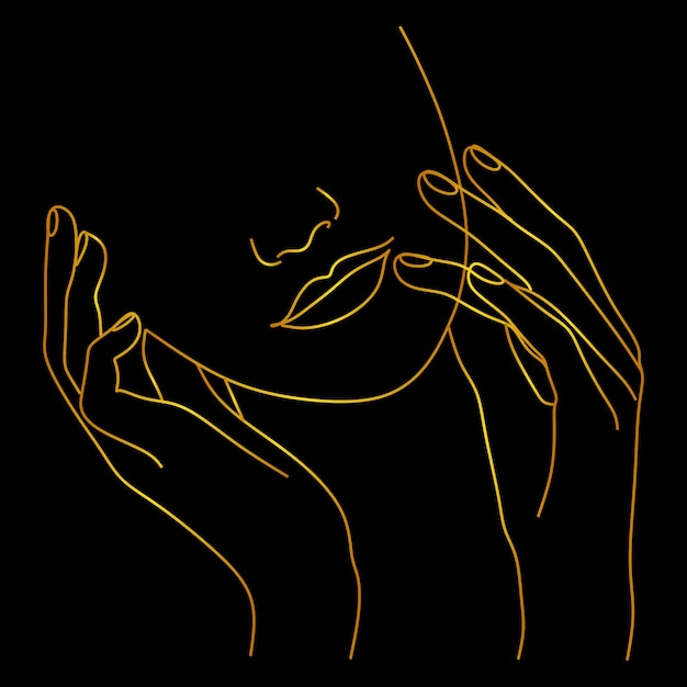 Hands with almond-shaped nails adorned with subtle, minimalist art featuring delicate gold lines on a nude base. The background is soft and neutral, highlighting the elegance of the nail shape and design.