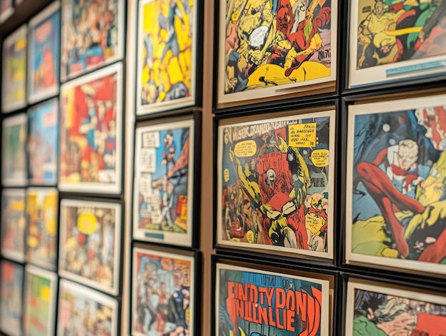 A close-up of a gallery wall featuring a mix of framed movie posters, vintage comic book covers, and hand-drawn fan art. The frames are a mix of simple black, metallic, and repurposed wood, creating a visually dynamic and personalized display.