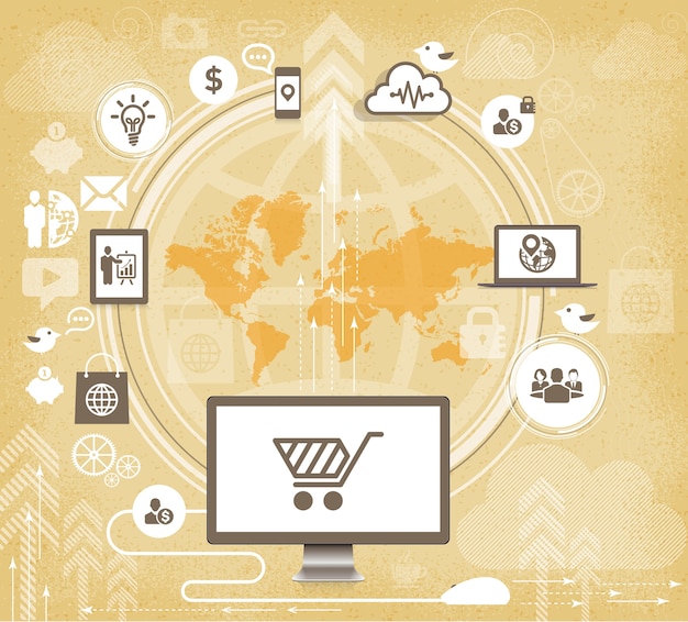 A graphic illustration showing data flowing from various online sources (shopping websites, social media, search engines) into a central processing unit, where algorithms analyze the data to create personalized offers that are then sent back to the user.