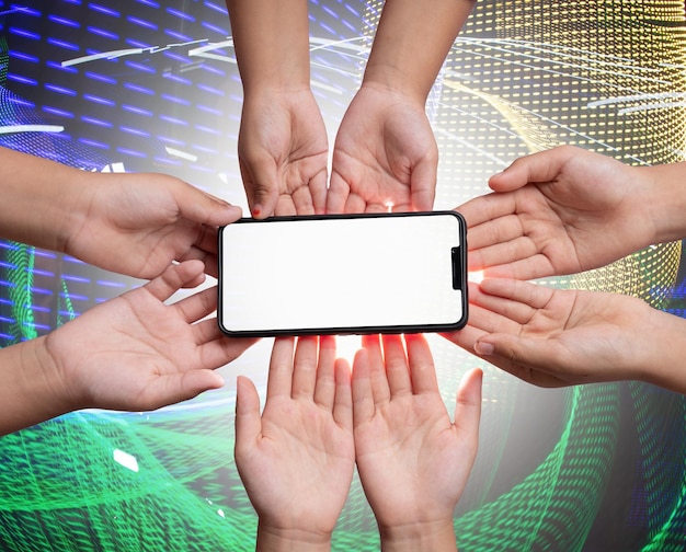 A digital collage featuring hands interacting with a glowing smartphone displaying various social media icons. The image should convey a sense of active community engagement and participation.