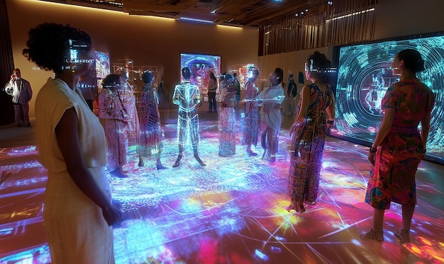 A diverse group of people interacting with the real world, with holographic projections showcasing a trending abstract design or concept. The background should convey both urban and natural scenery to emphasize the expansive adoption of the trend.