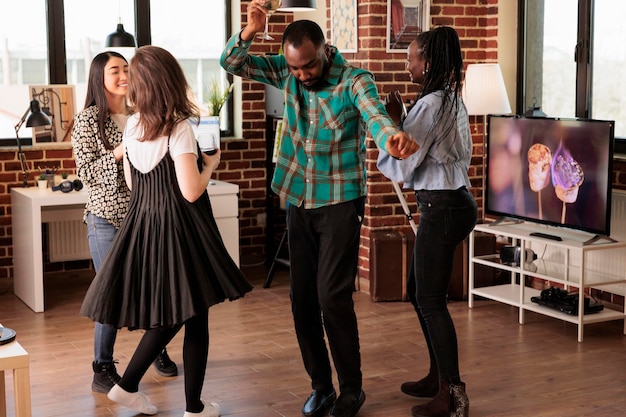 A split screen showing on one side people happily participating in a harmless dance challenge on a social media app, and on the other side a blurred image suggesting someone attempting a dangerous stunt challenge. The overall tone highlights the contrast between safe and risky challenges.