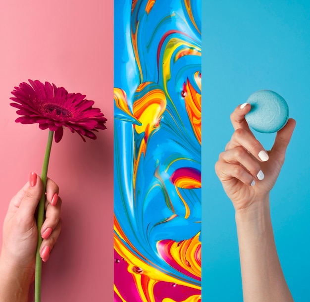 A hand showcasing abstract nail art with a vibrant mix of colors like pink, blue, yellow, and green, forming geometric shapes and freeform patterns. The design is bold and artistic, capturing the essence of a modern art piece on nails.