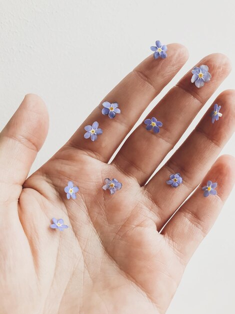 A set of nails showcasing botanical nail art designs, featuring delicate floral patterns with tiny flowers, leaves, and vines in pastel colors like pink, green, and white. The designs capture the intricate details of plants and flowers.
