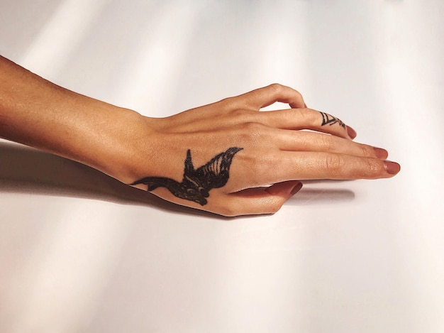 A woman's hand displaying minimalist nail art with fine black lines on a nude base, photographed closely to highlight the delicate details of the design.