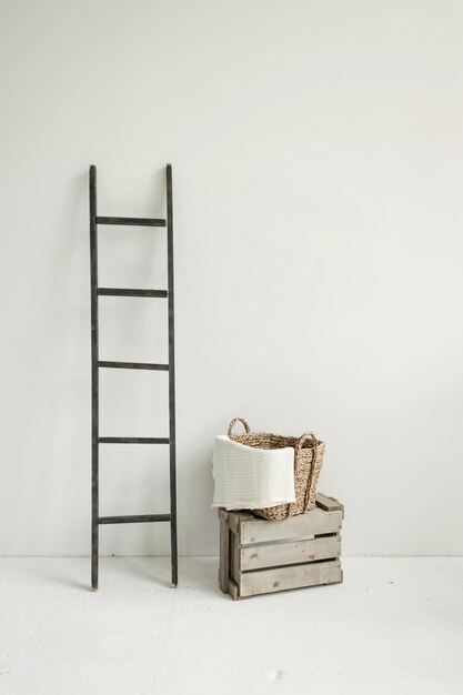 A clean, minimalist shot of a DIY storage ladder leaning against a white wall. The ladder is made of light-colored wood and features several shelves displaying potted plants, books, and small decorative items. The scene exudes a sense of organization and natural light.
