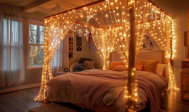 A bedroom illuminated by soft, warm fairy lights draped around the headboard of the bed. The lights cast a gentle glow on the surrounding walls, creating a cozy and inviting atmosphere.