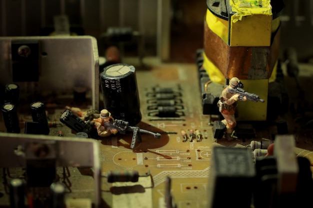 A cluttered workbench with tools and electronic components scattered around. Focus on hands working on a circuit board, highlighting the process of repairing and refurbishing tech devices.