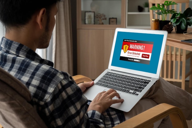 A person looking at a computer screen displaying a suspicious online promotion with elements of phishing, fake lottery winnings, and investment opportunities, overlaid with warning signs and red flags.